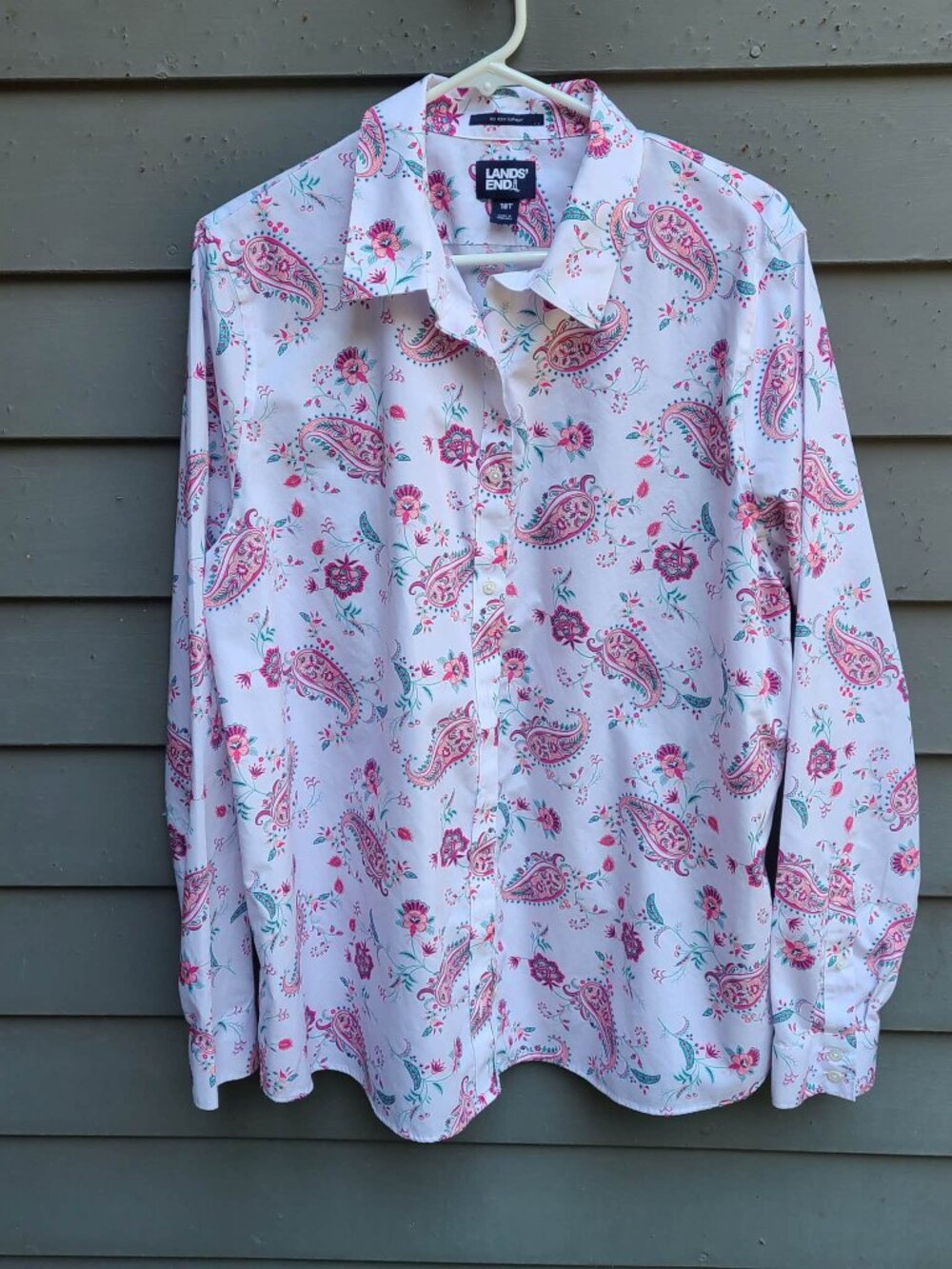 LandsEnd White Pink Blue Paisley Button Down Shirt size 18T